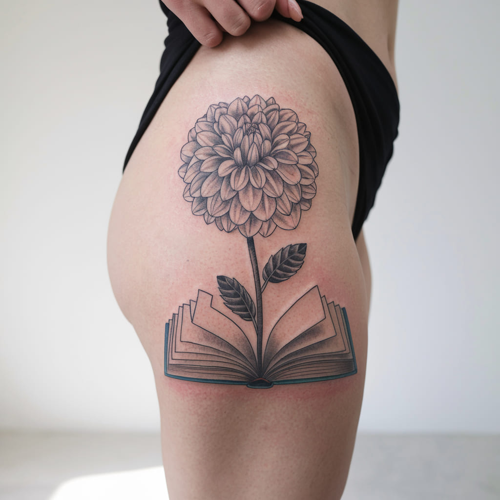 Dahlia Blooming from a Book on the Thigh