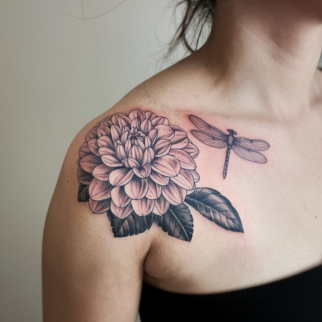 Dahlia and Dragonfly on the Shoulder Blade