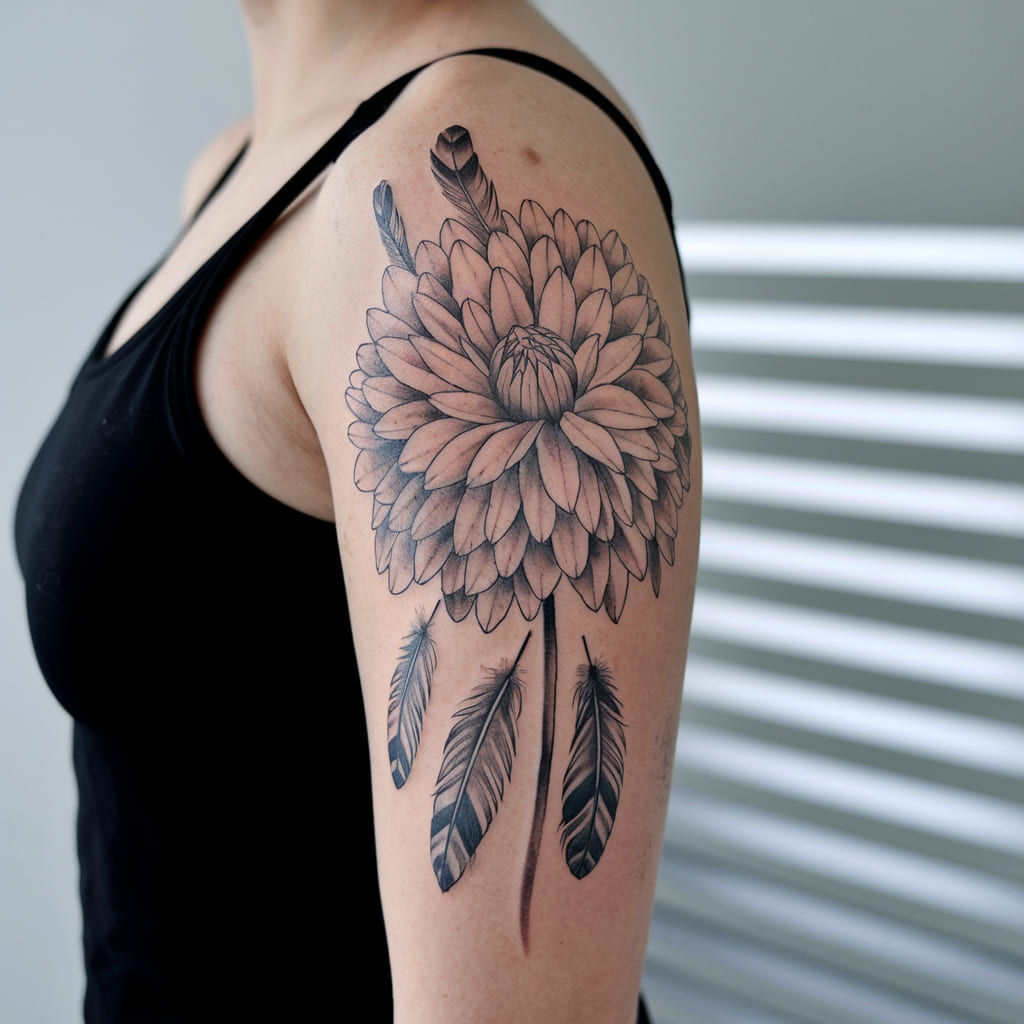 Dahlia and Feather on the Upper Arm