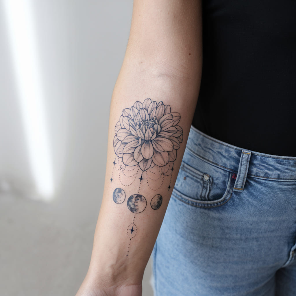 Dahlia and Moon Phases on the Forearm