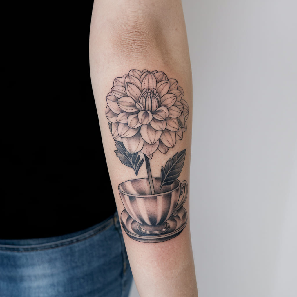 Dahlia in a Teacup on the Forearm