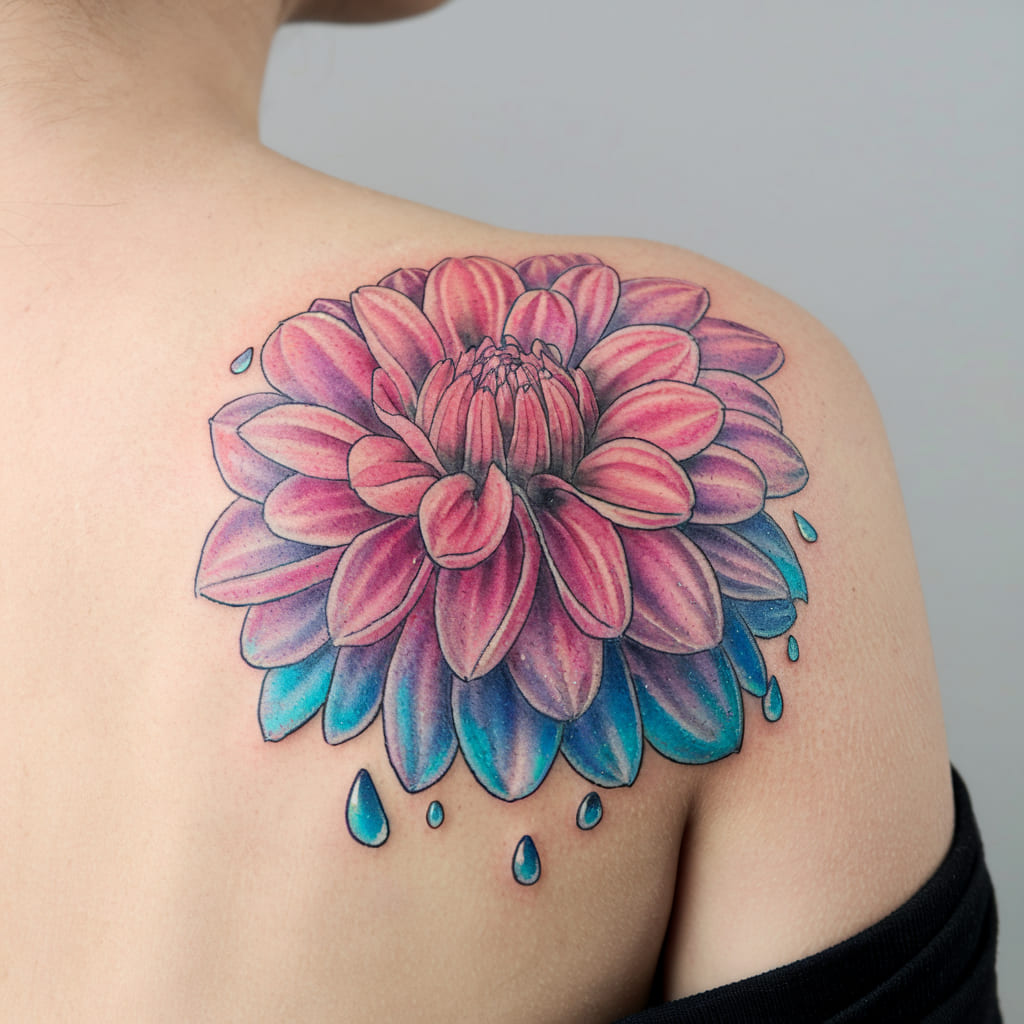 Watercolor Dahlia with Raindrops on the Shoulder