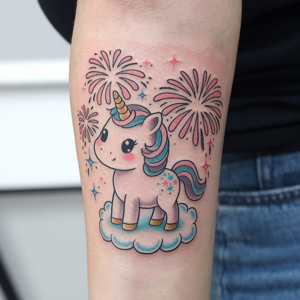 Chibi Unicorn with Fireworks