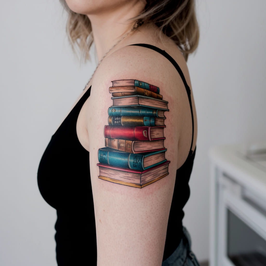 Classic Book Stack Tattoo