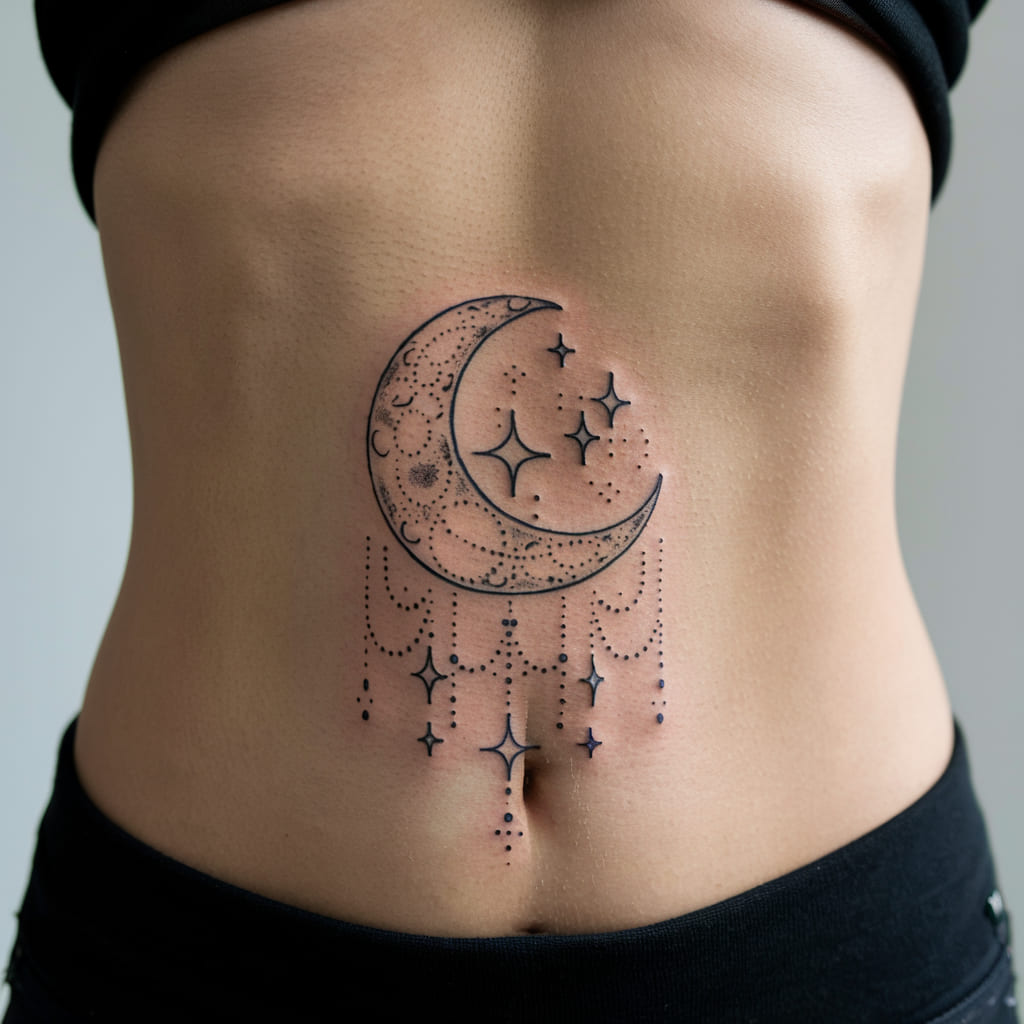 Crescent Moon and Stars Waist Tattoo