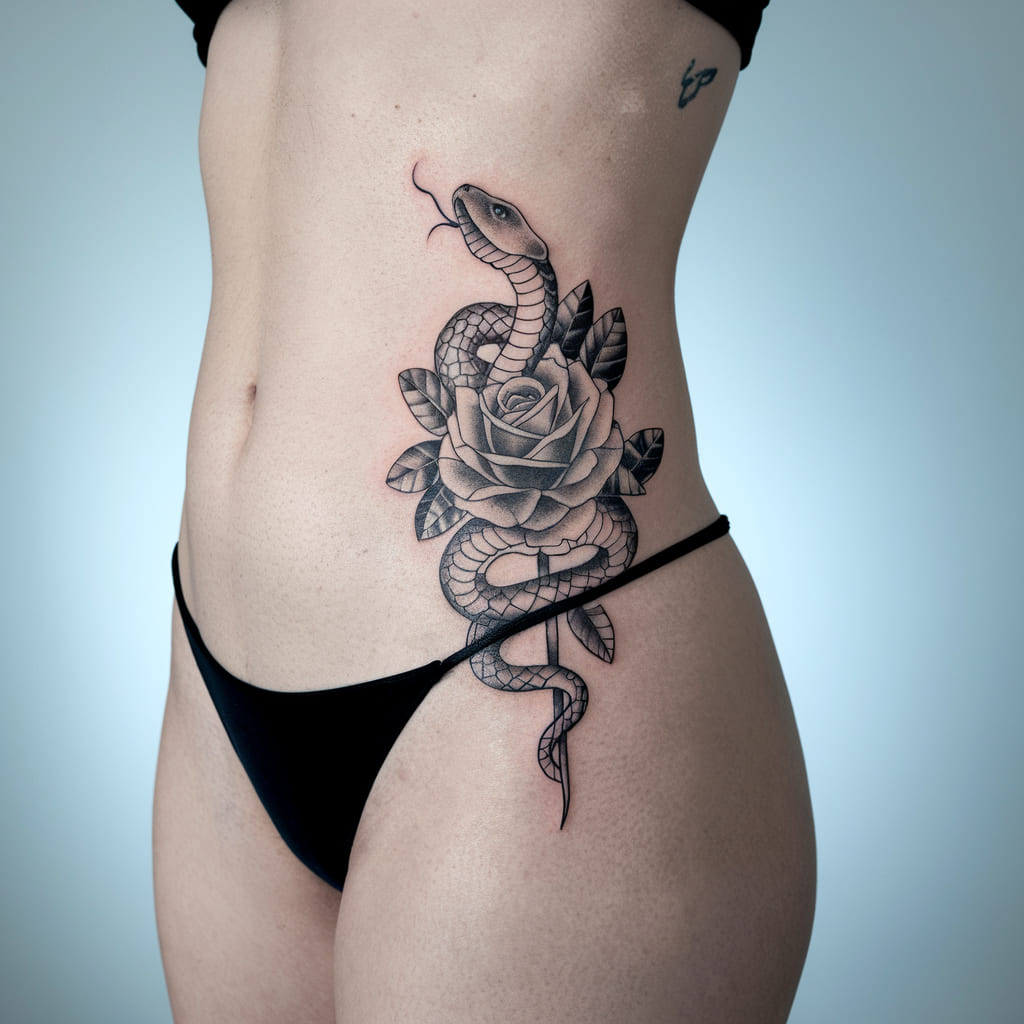 Snake and Rose Waist Tattoo