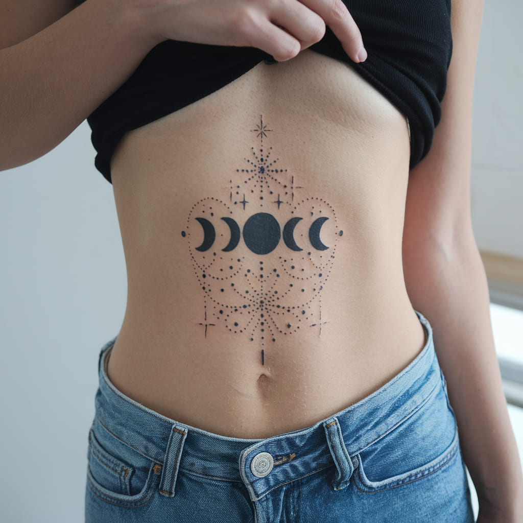 Stars and Moon Phases Waist Tattoo