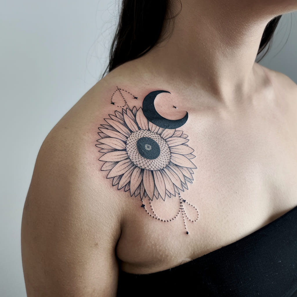 Sunflower and Moon Tattoo