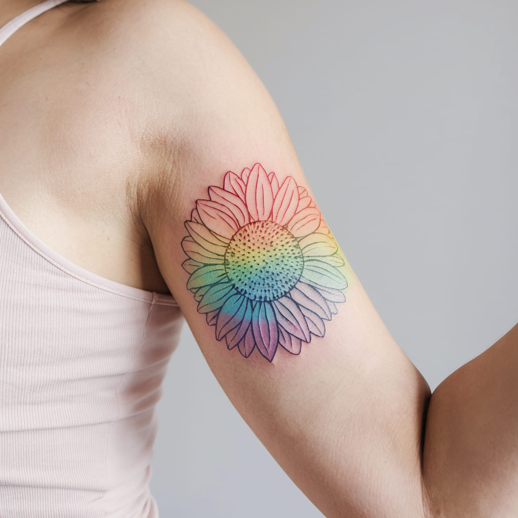 Sunflower with Rainbow Ink Tattoo