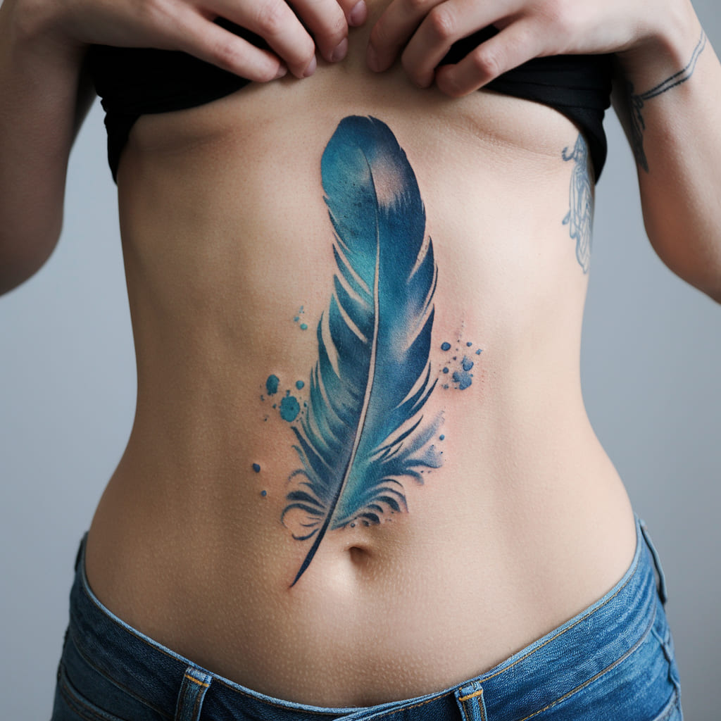 Watercolor Feather Waist Tattoo