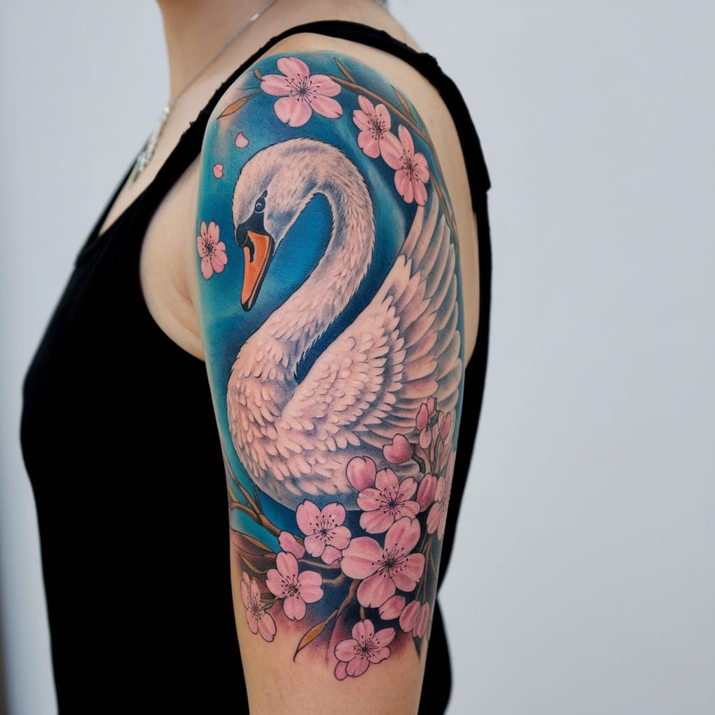 White Swan and Cherry Blossoms