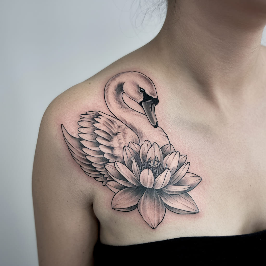 White Swan and Lotus Flower