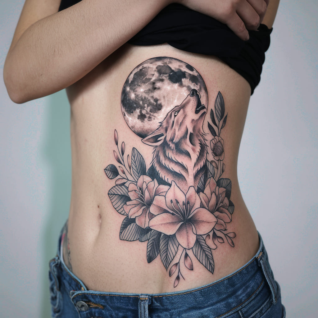 Wolf and Floral Waist Tattoo